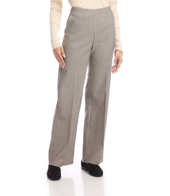 Women's cream and black checkered straight leg trousers with elastic waistband and side pockets