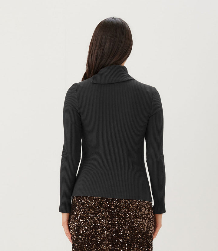 Petite Size Wide Ribbed Long Sleeve Split Neck Top
