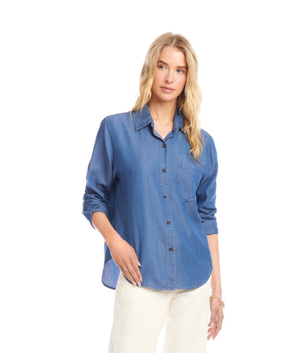 Ruched 3/4 Sleeve Button-Up Shirt