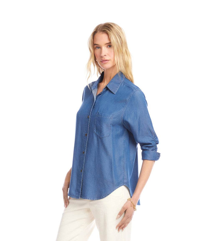 Ruched 3/4 Sleeve Button-Up Shirt