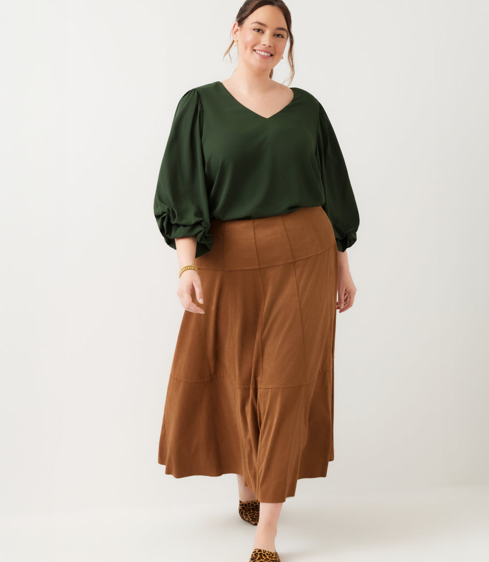 Plus Size Tiered Faux Suede Midi Skirt