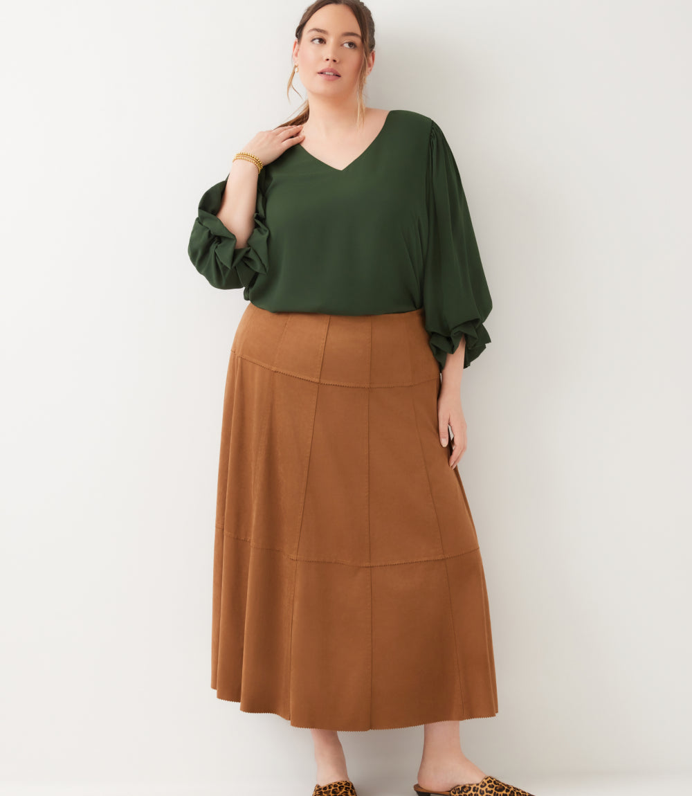 Plus Size Tiered Faux Suede Midi Skirt