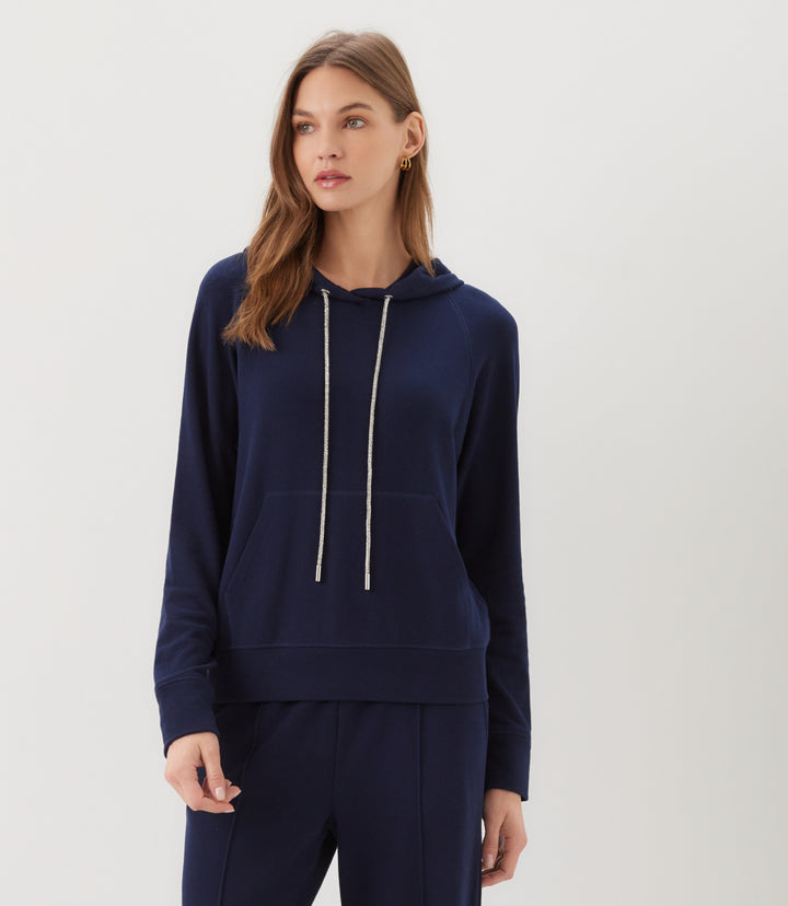 Petite Size Rhinestone Drawstring Hoodie Sweatshirt