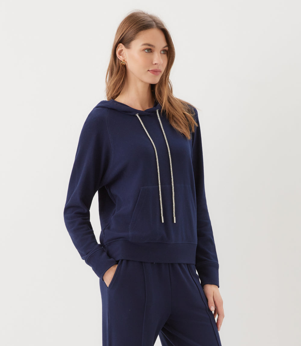 Petite Size Rhinestone Drawstring Hoodie Sweatshirt
