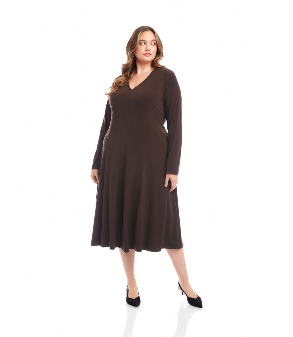 Plus Size Kate V-neck long sleeve midi travel dress in dark brown with subtle flare skirt