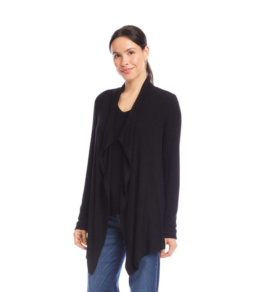 Petite Size Long Sleeve Ribbed Drape Front Cardigan
