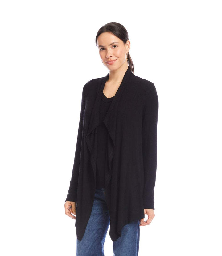 Petite Size Long Sleeve Ribbed Drape Front Cardigan