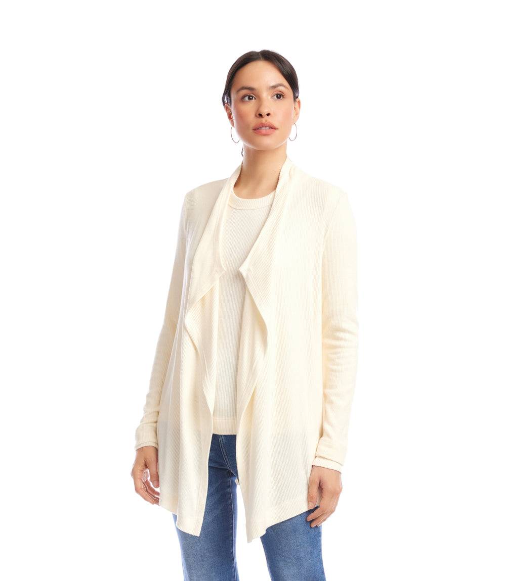 Petite Size Long Sleeve Ribbed Drape Front Cardigan