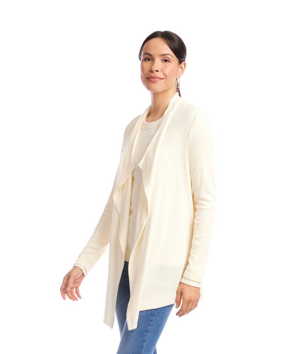 Petite Size Long Sleeve Ribbed Drape Front Cardigan
