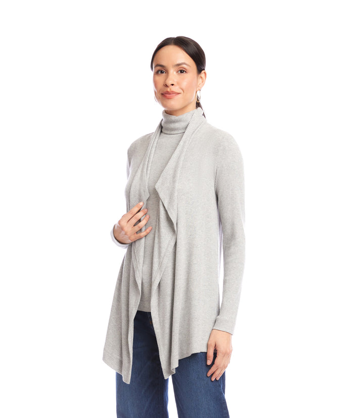 Petite Size Long Sleeve Ribbed Drape Front Cardigan