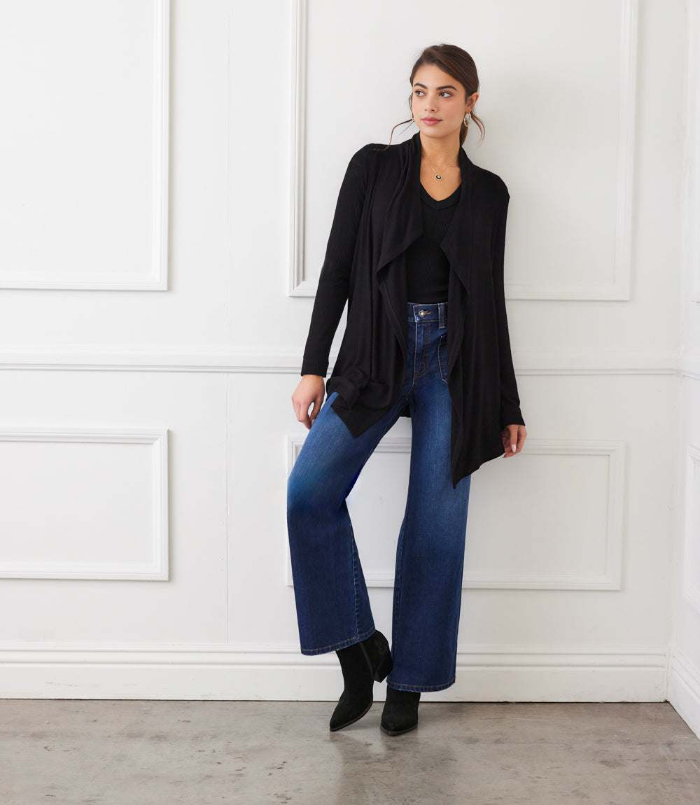 Long Sleeve Ribbed Drape Front Cardigan