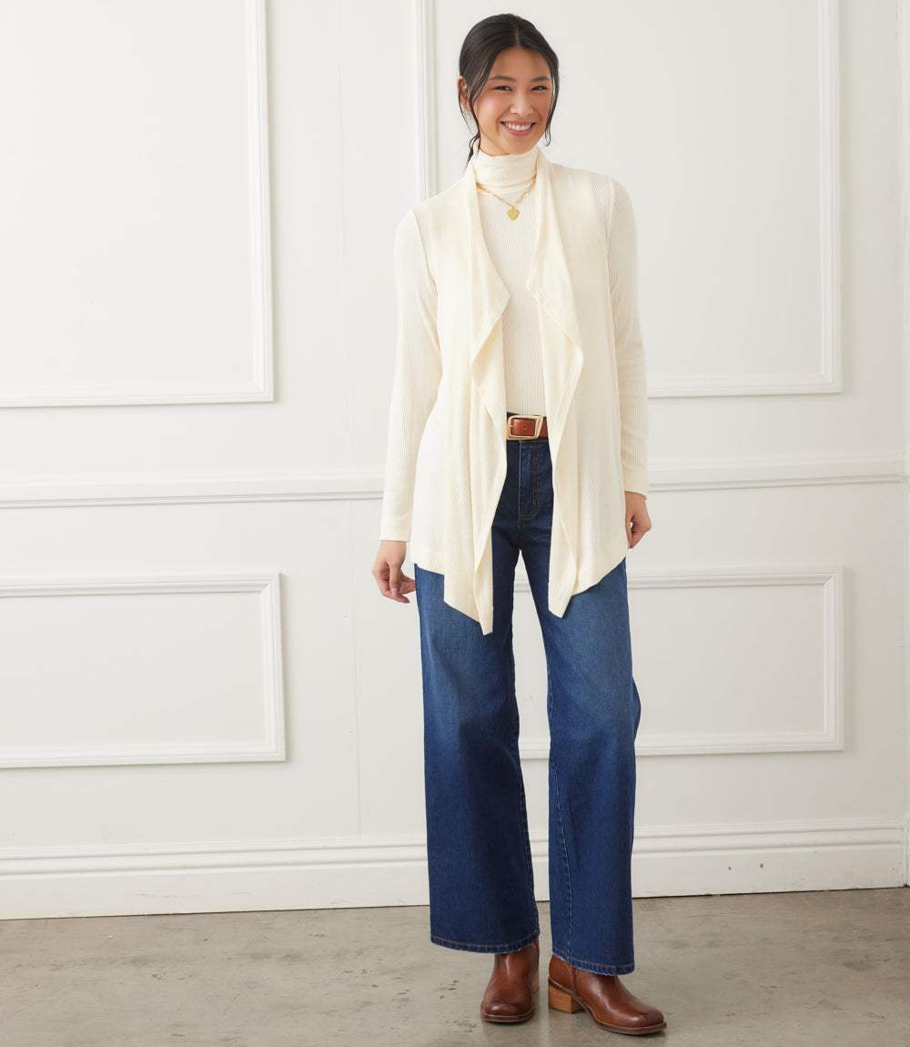 Petite Size Long Sleeve Ribbed Drape Front Cardigan