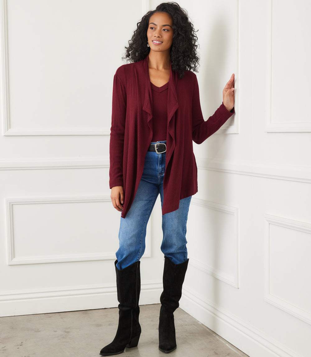 Long Sleeve Ribbed Drape Front Cardigan