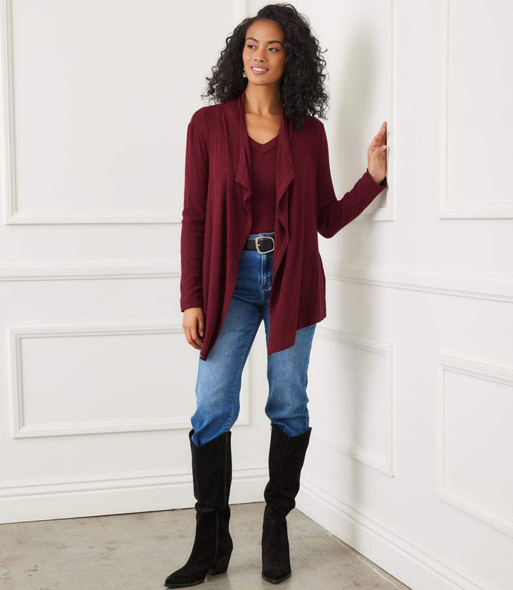 Long Sleeve Ribbed Drape Front Cardigan