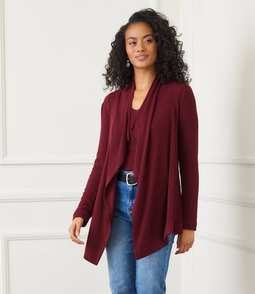 Petite size long sleeve ribbed cardigan in burgundy with drape front and relaxed fit