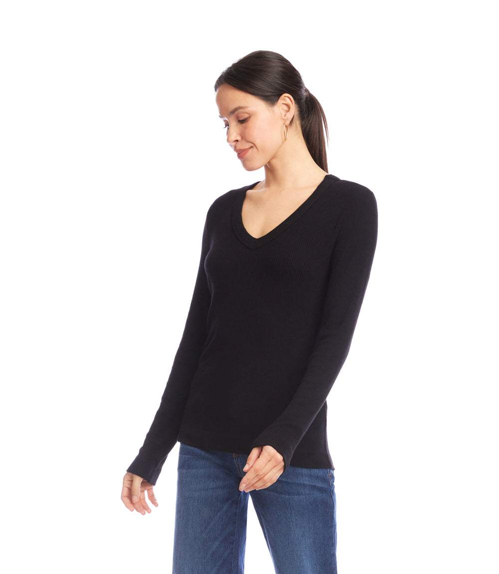 Petite Size Long Sleeve Ribbed V-Neck Top