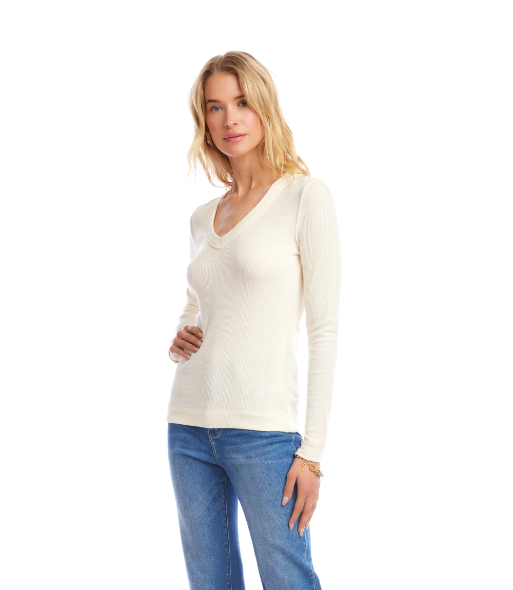 Petite Size Long Sleeve Ribbed V-Neck Top
