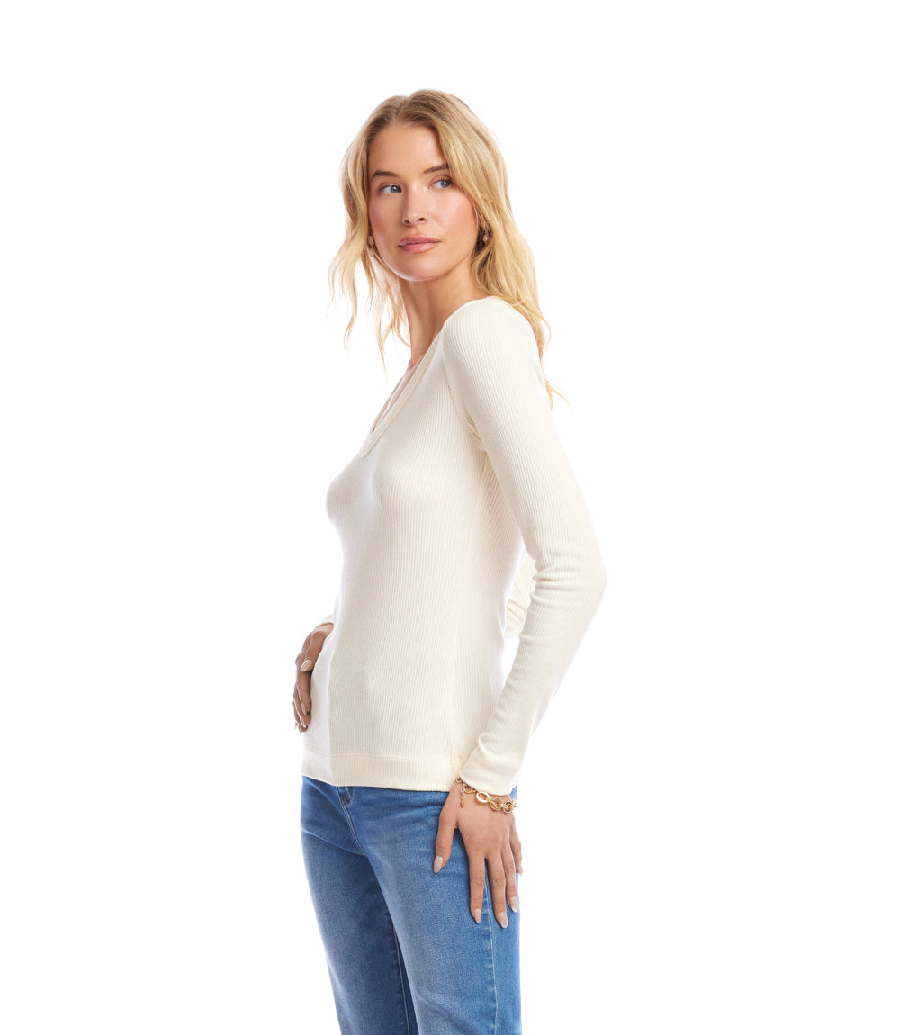 Petite Size Long Sleeve Ribbed V-Neck Top