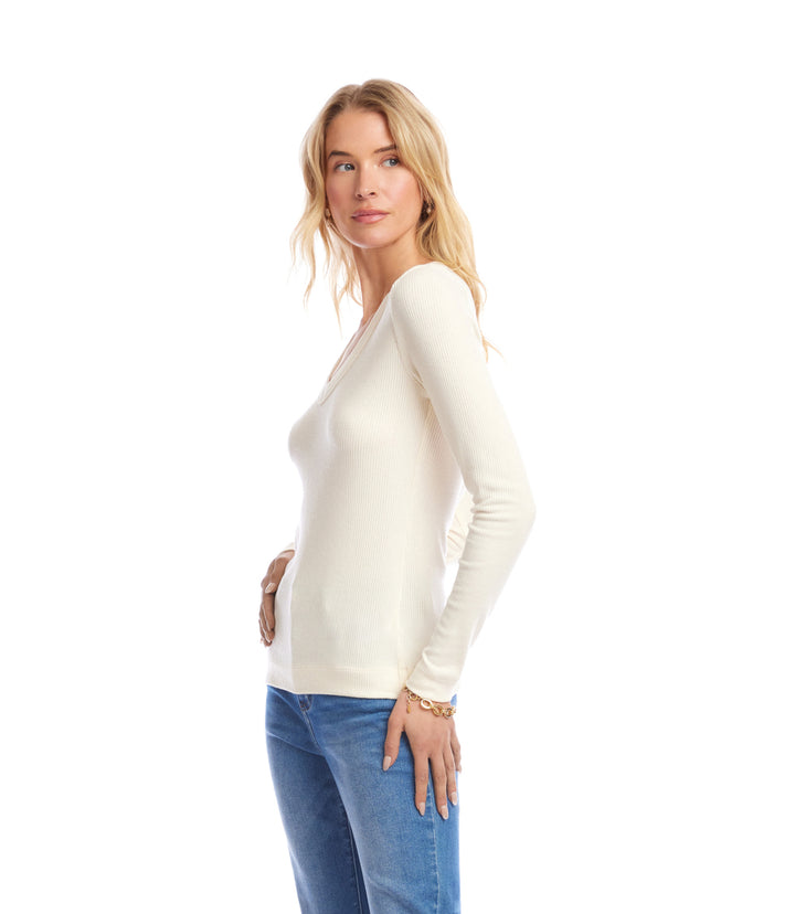 Petite Size Long Sleeve Ribbed V-Neck Top