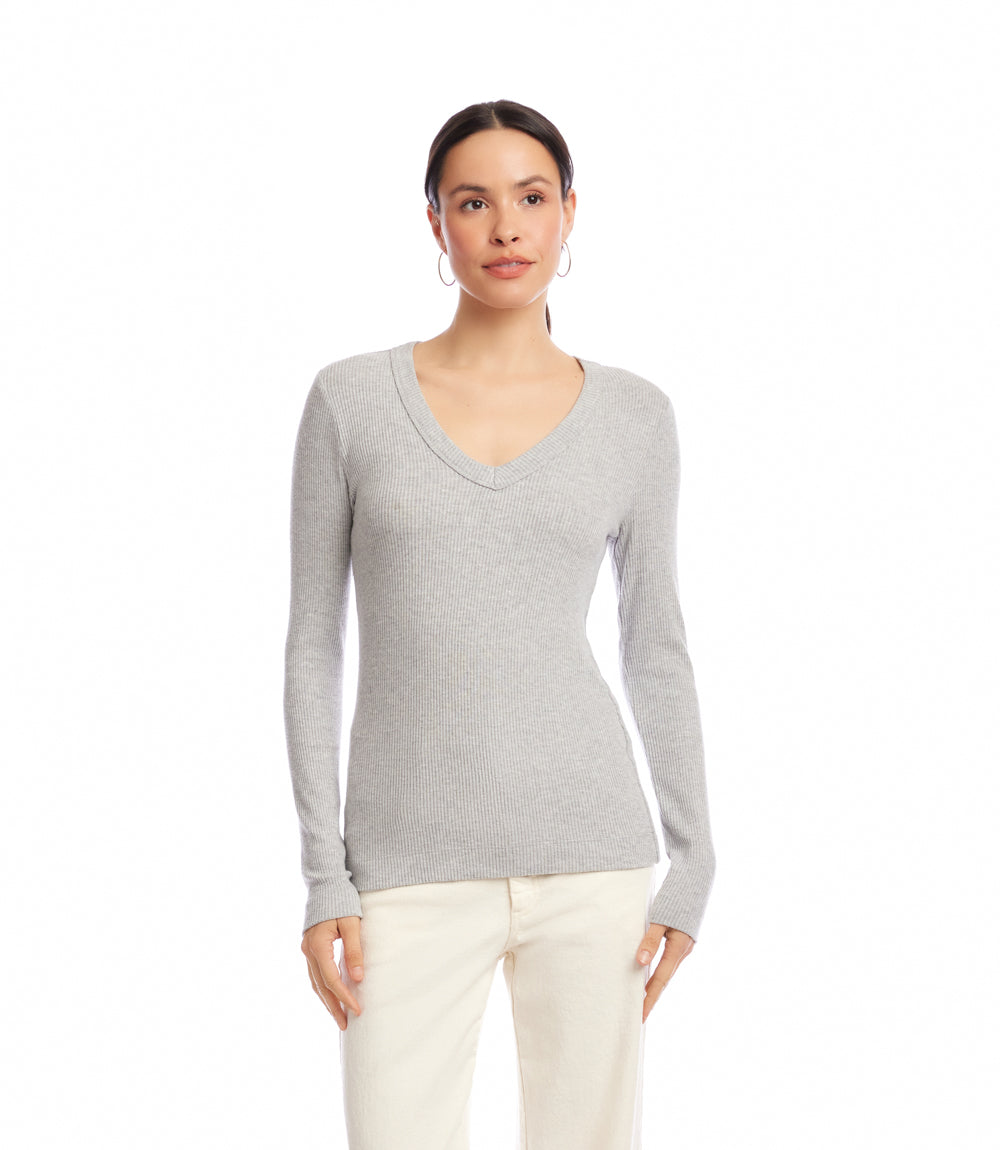 Petite Size Long Sleeve Ribbed V-Neck Top