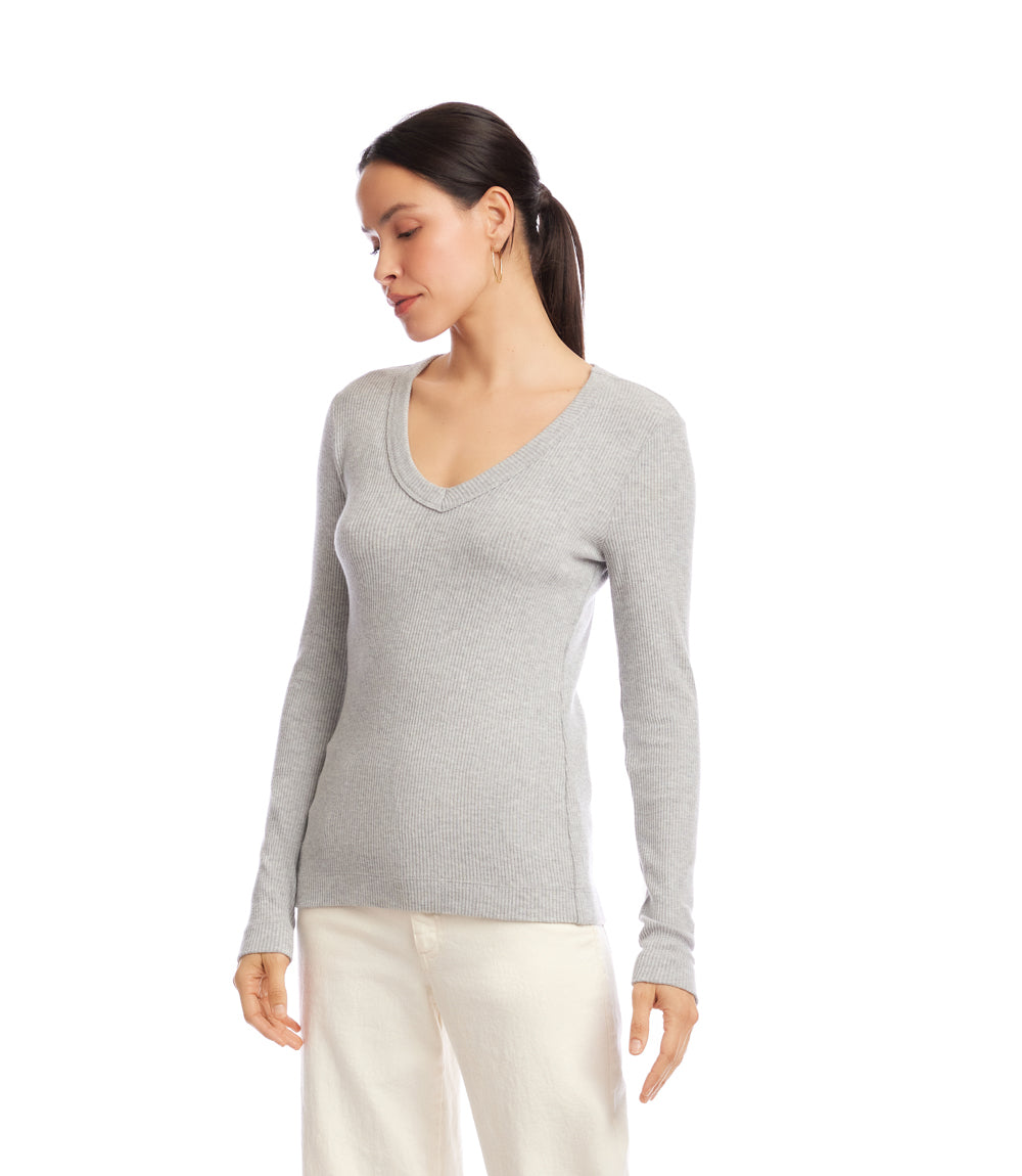 Petite Size Long Sleeve Ribbed V-Neck Top
