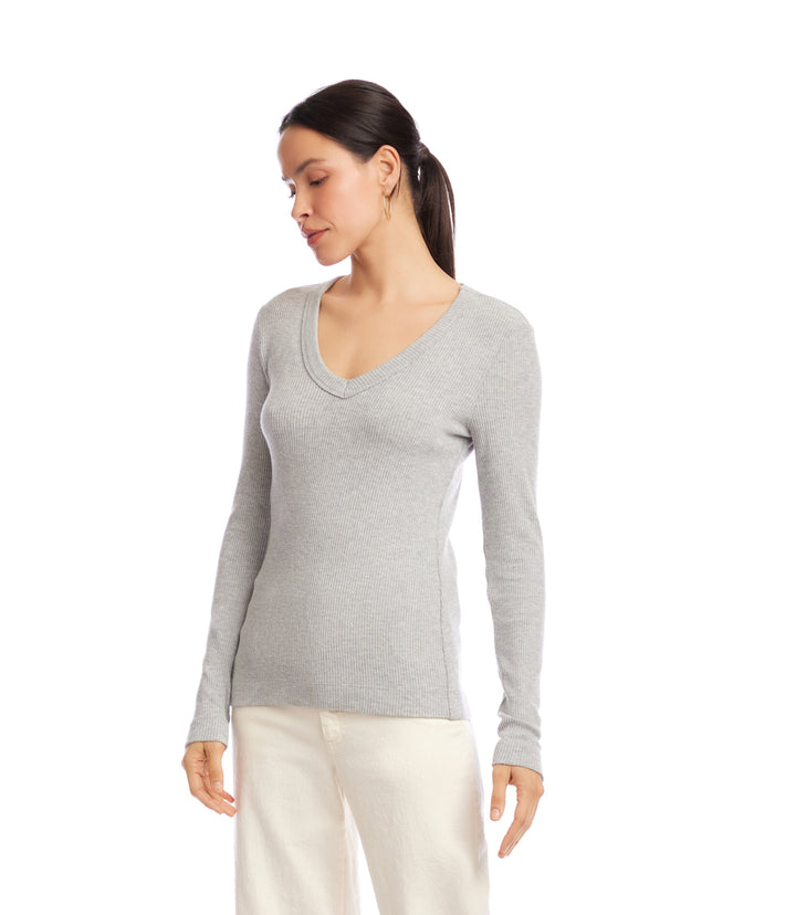 Petite Size Long Sleeve Ribbed V-Neck Top