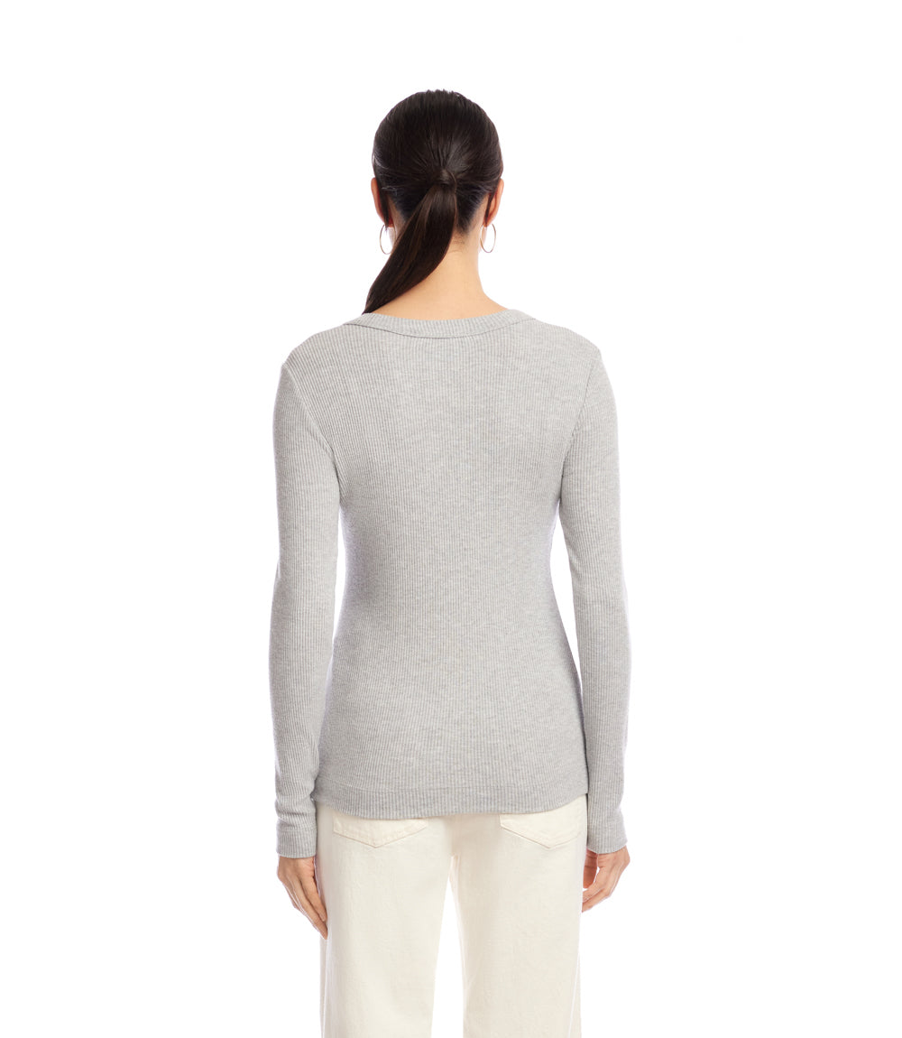 Petite Size Long Sleeve Ribbed V-Neck Top