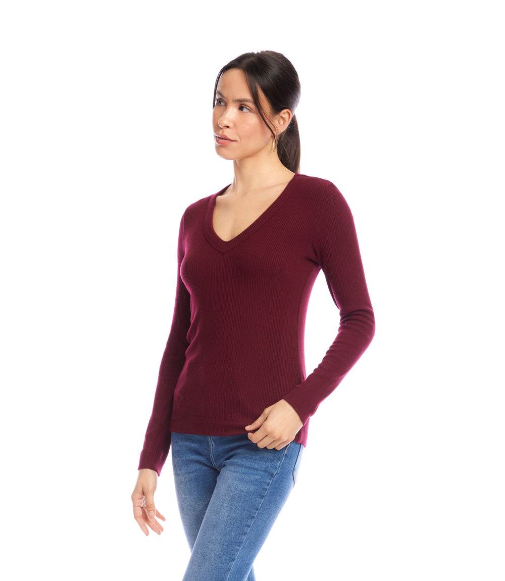 Petite Size Long Sleeve Ribbed V-Neck Top