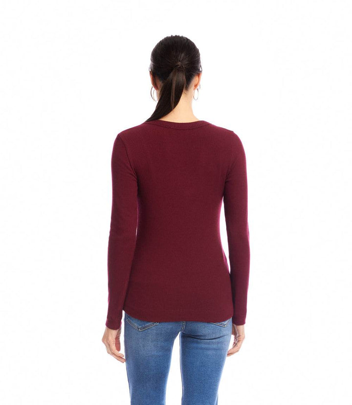 Petite Size Long Sleeve Ribbed V-Neck Top