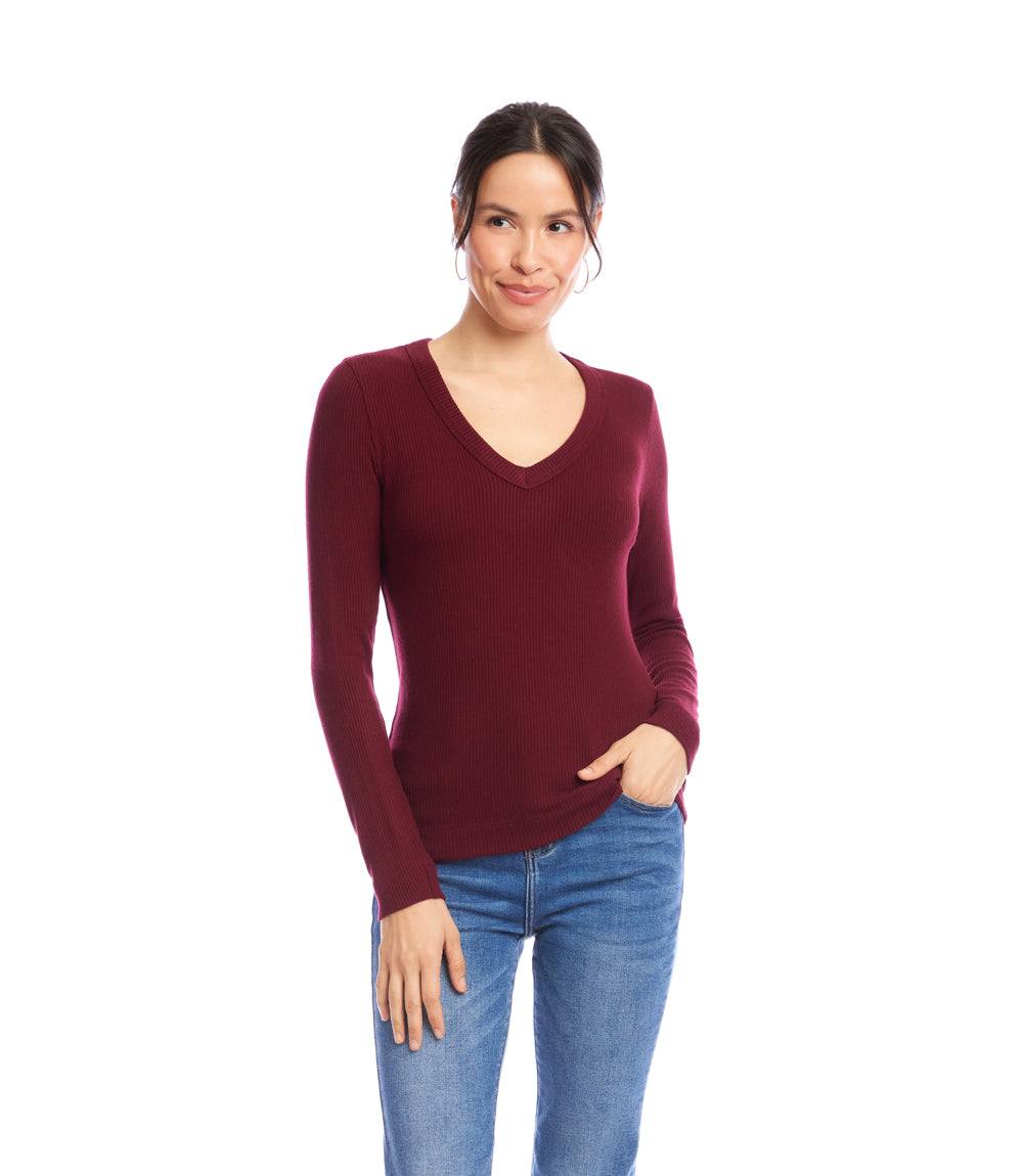 Long Sleeve Ribbed V-Neck Top