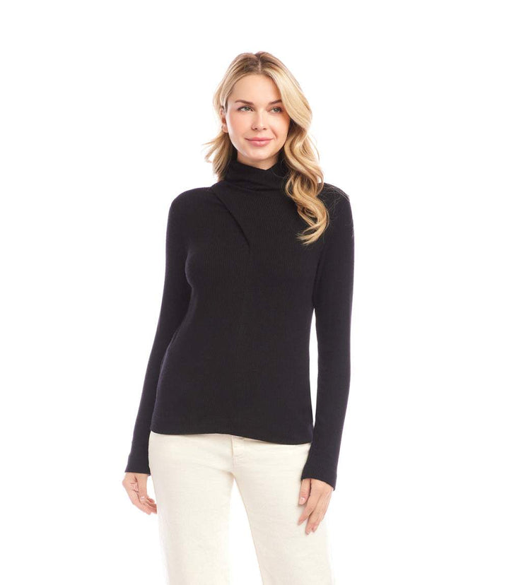 Ribbed Faux Wrap Turtleneck Top