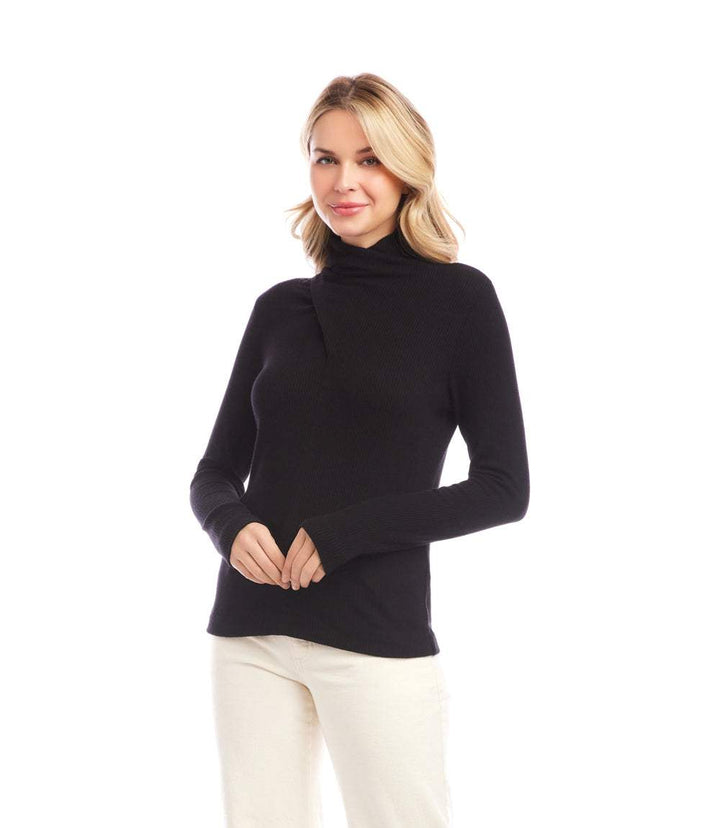 Ribbed Faux Wrap Turtleneck Top
