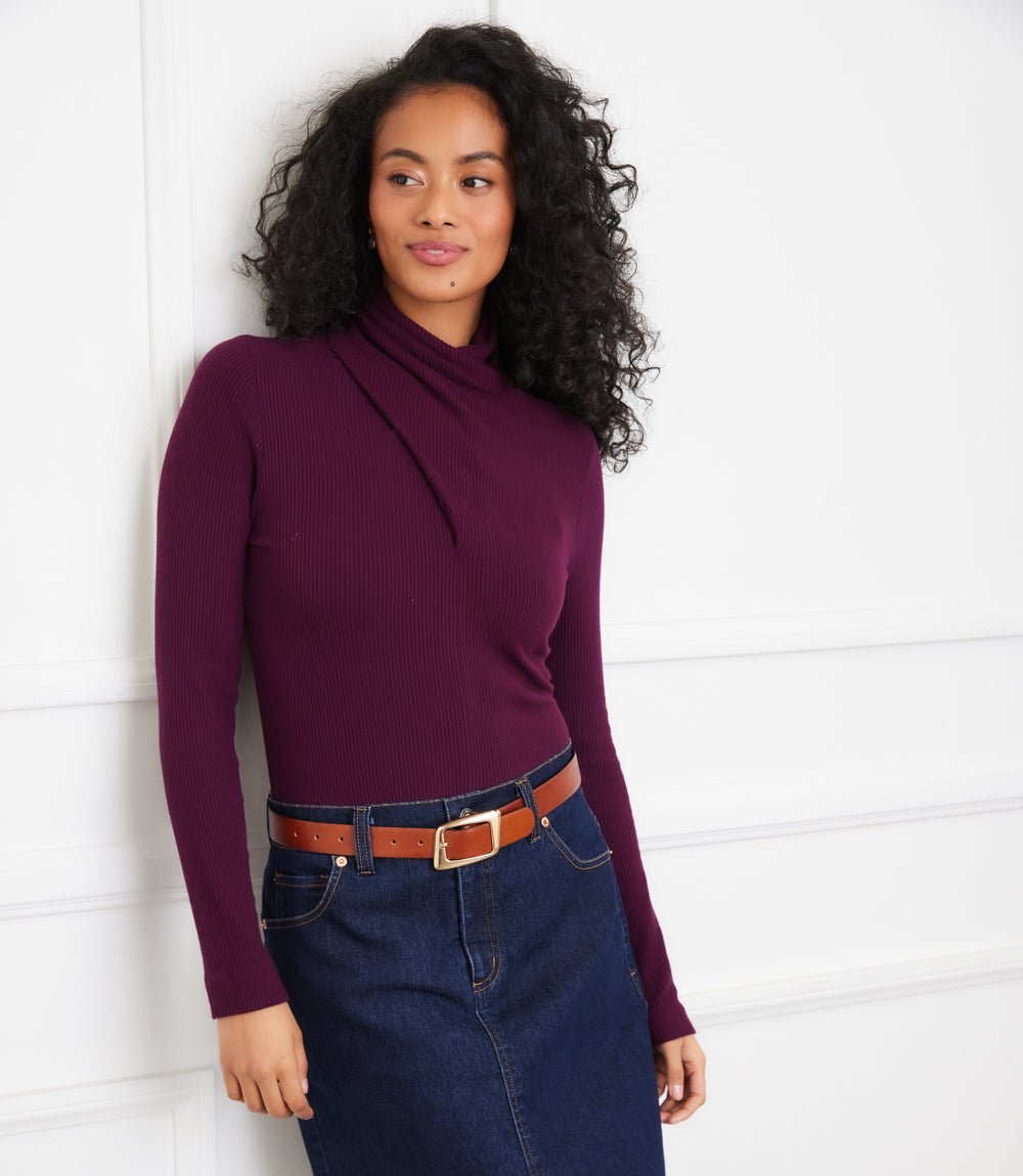 Ribbed Faux Wrap Turtleneck Top