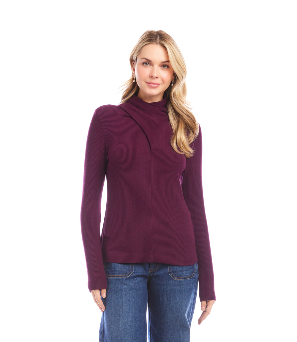 Ribbed Faux Wrap Turtleneck Top
