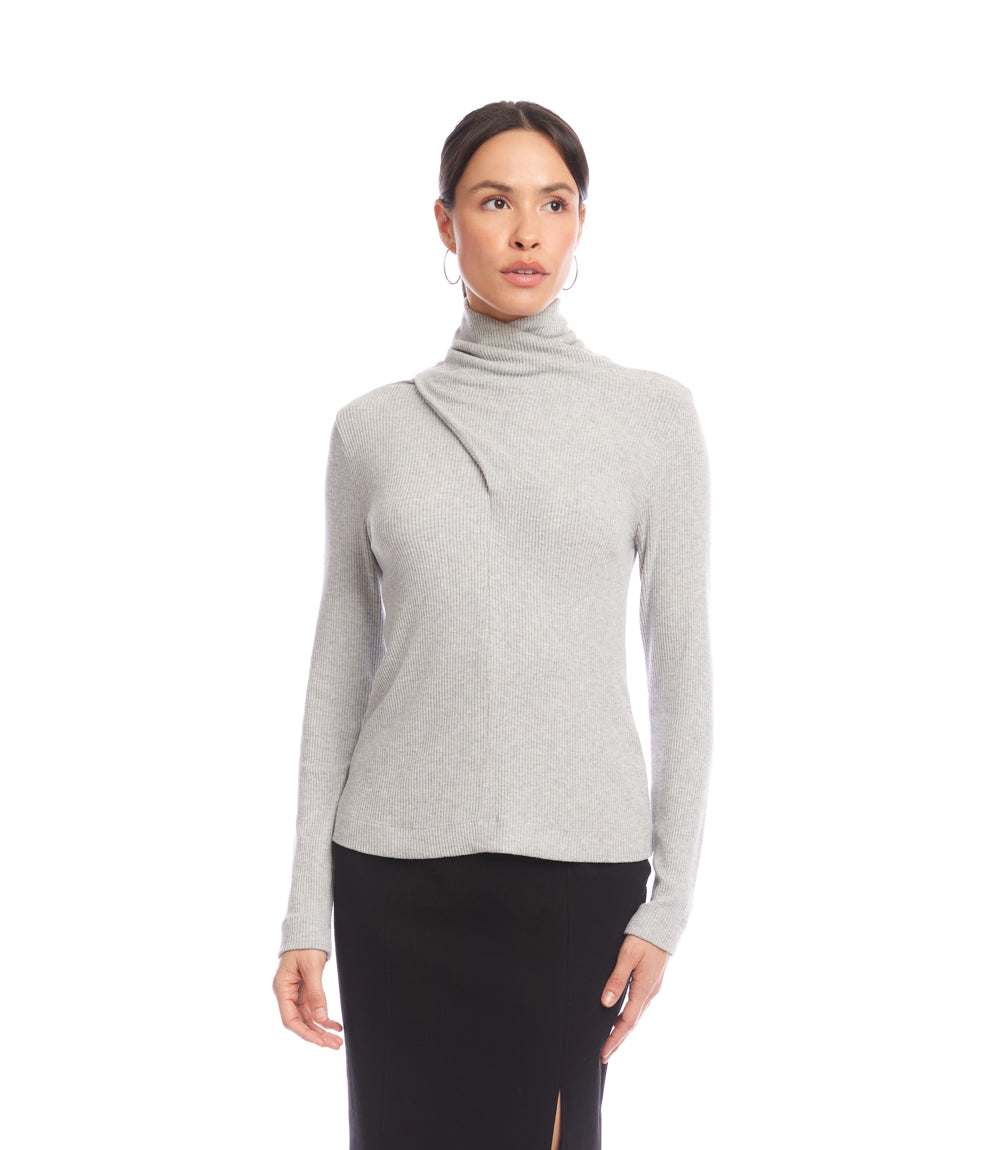 Ribbed Faux Wrap Turtleneck Top