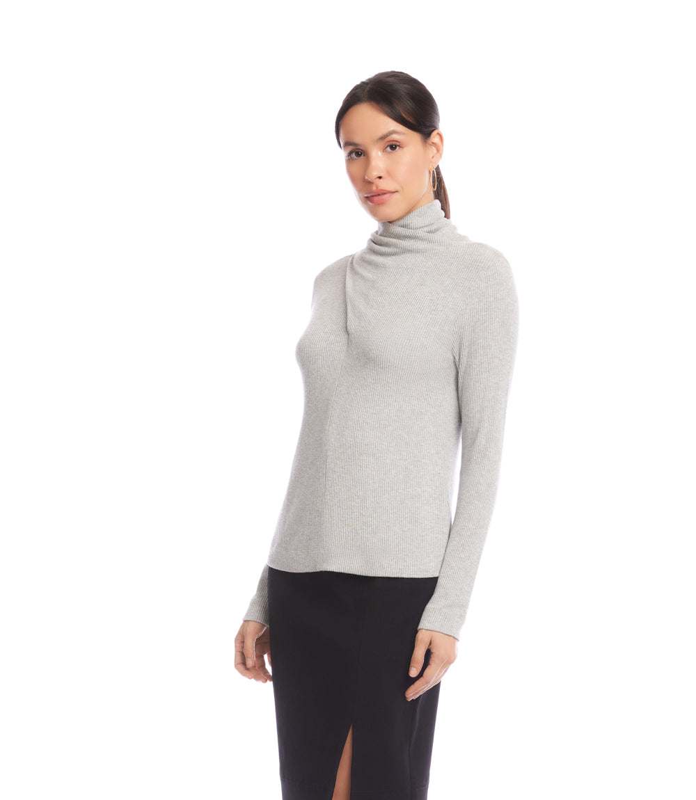 Ribbed Faux Wrap Turtleneck Top