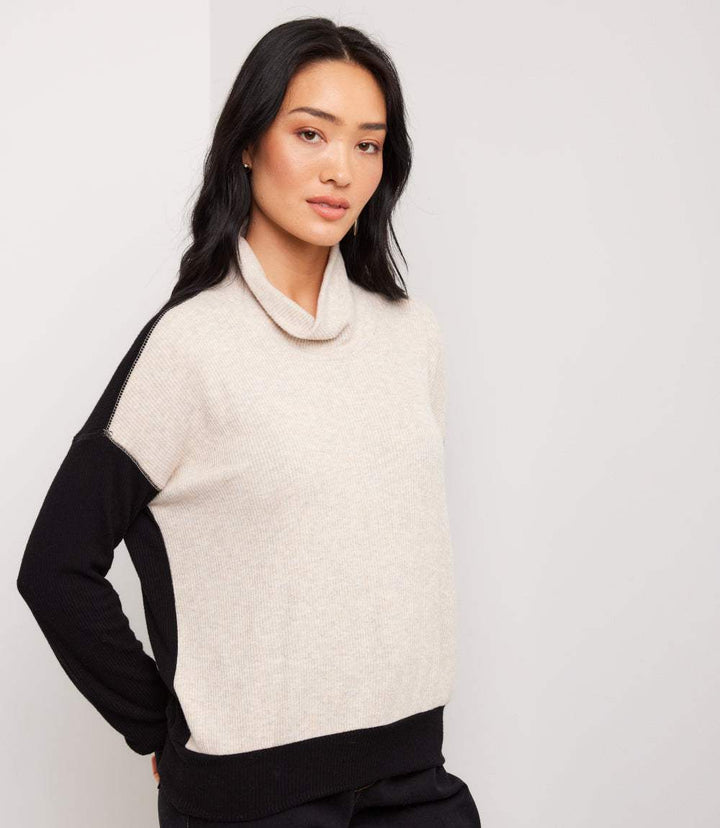 Ribbed Long Sleeve Colorblock Turtleneck Top