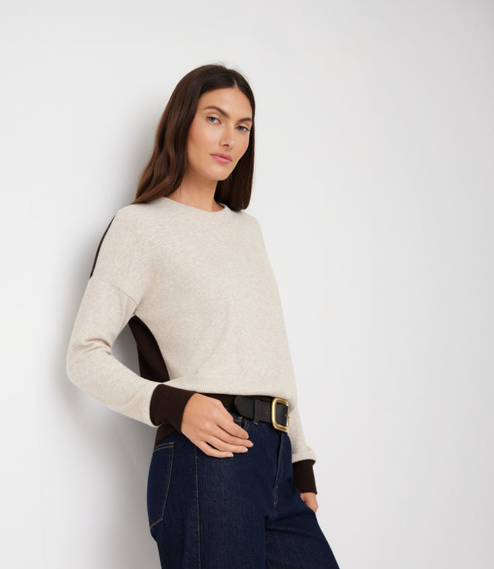 Ribbed Long Sleeve Colorblock Crewneck Top