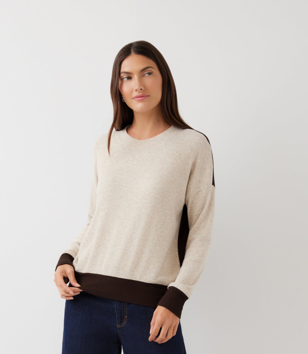 Ribbed Long Sleeve Colorblock Crewneck Top