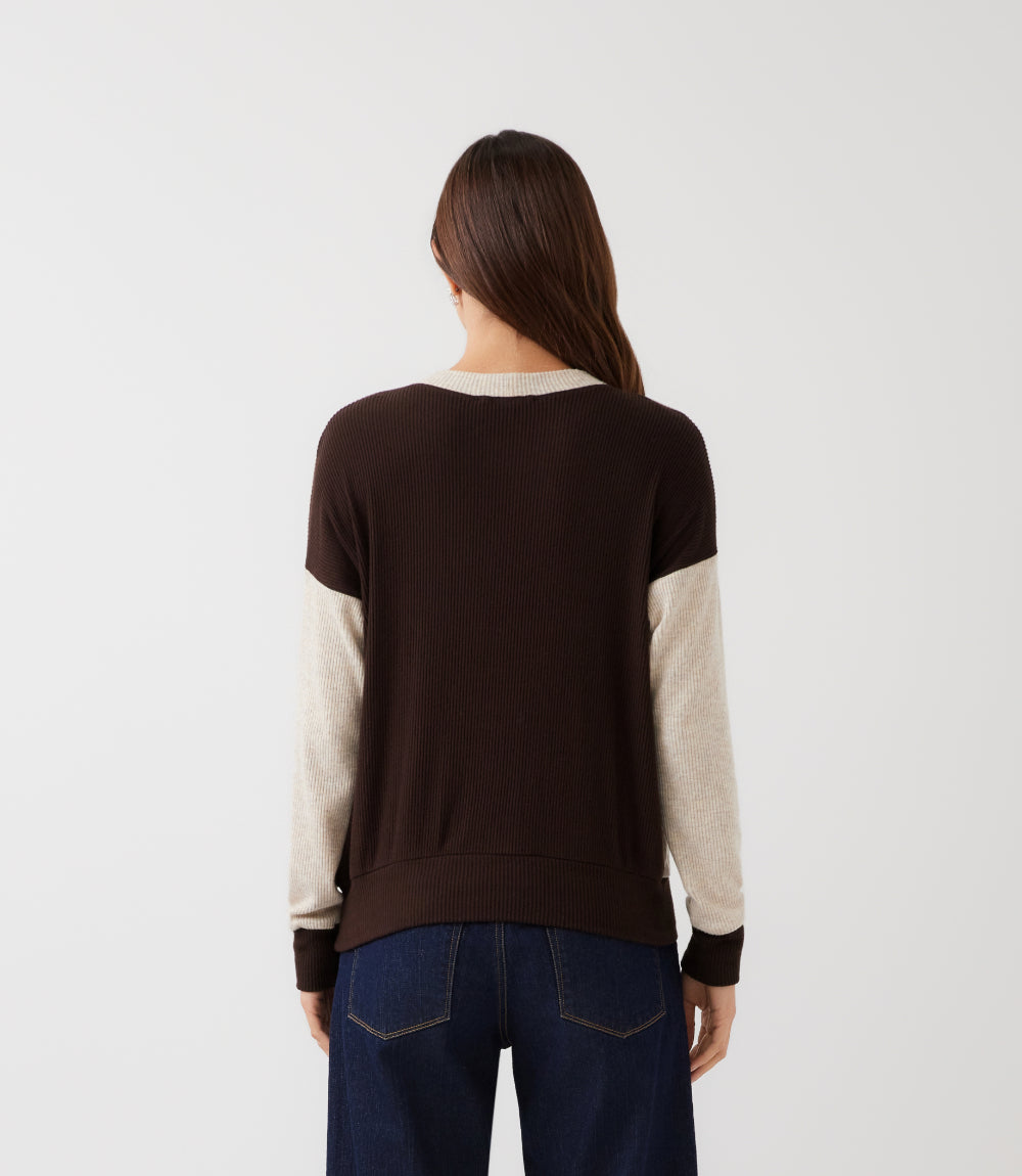 Ribbed Long Sleeve Colorblock Crewneck Top