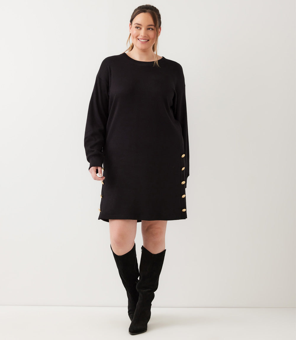 Plus Size Long Sleeve Crewneck Button Detail Dress