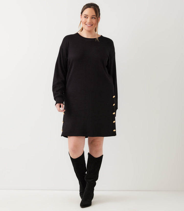 Plus Size Long Sleeve Crewneck Button Detail Dress