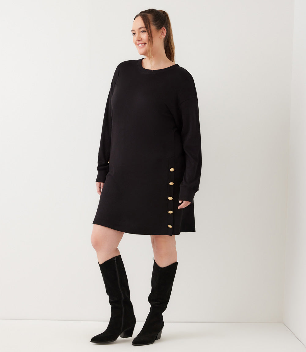 Plus Size Long Sleeve Crewneck Button Detail Dress