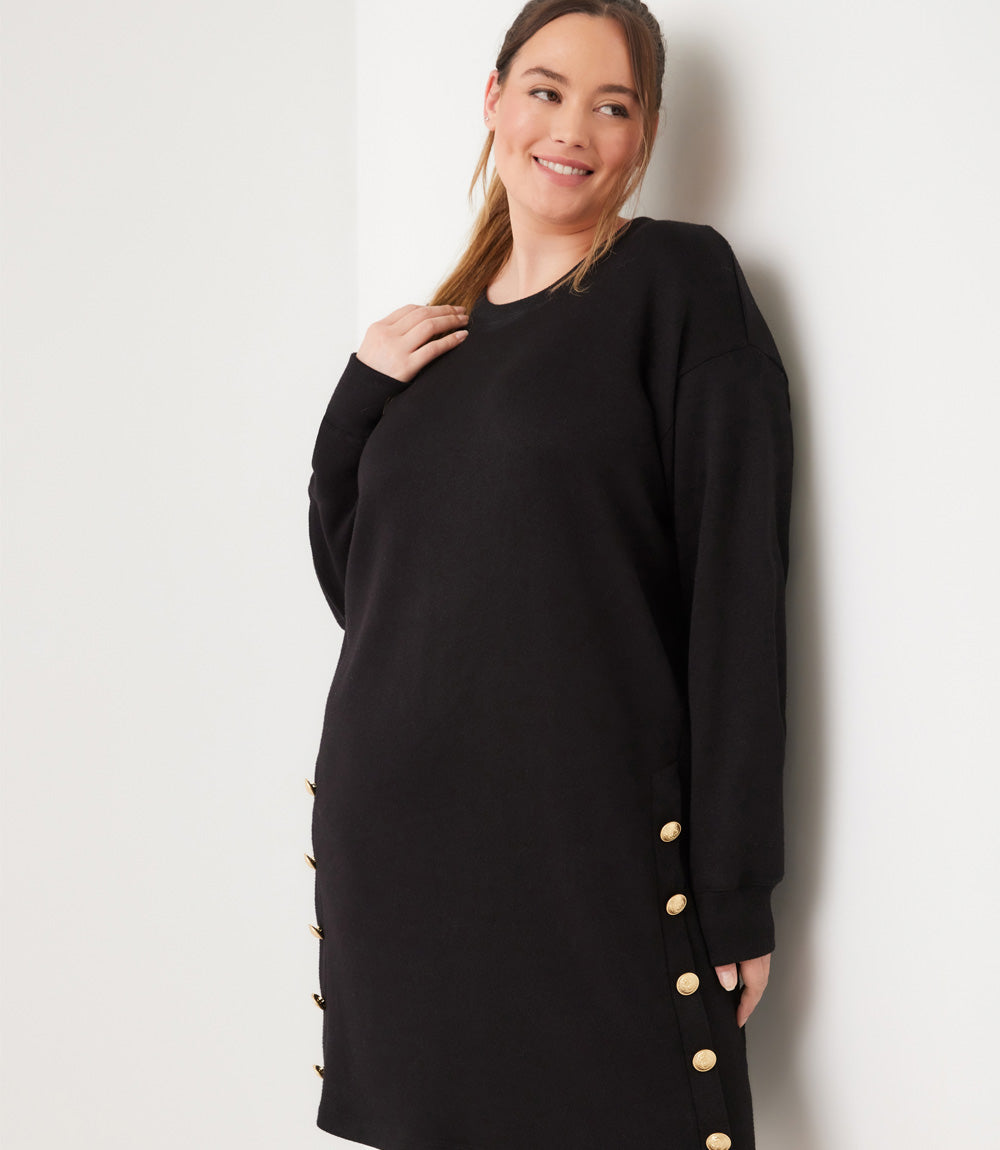 Plus Size Long Sleeve Crewneck Button Detail Dress