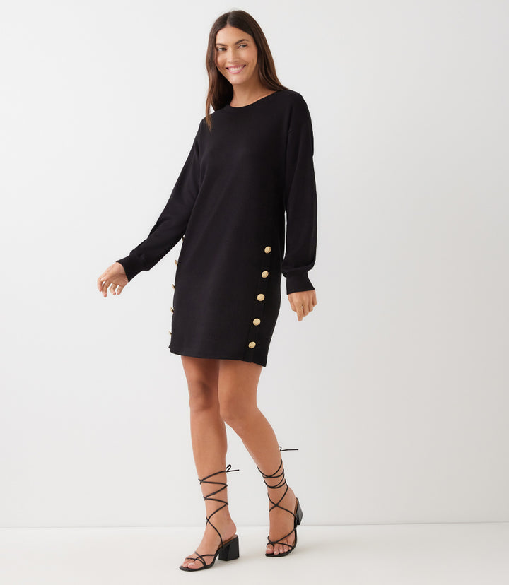 Long Sleeve Crewneck Button Detail Dress