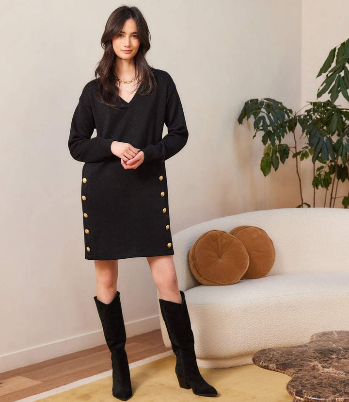Petite size long sleeve black sweater dress with V-neck and gold button details on sides