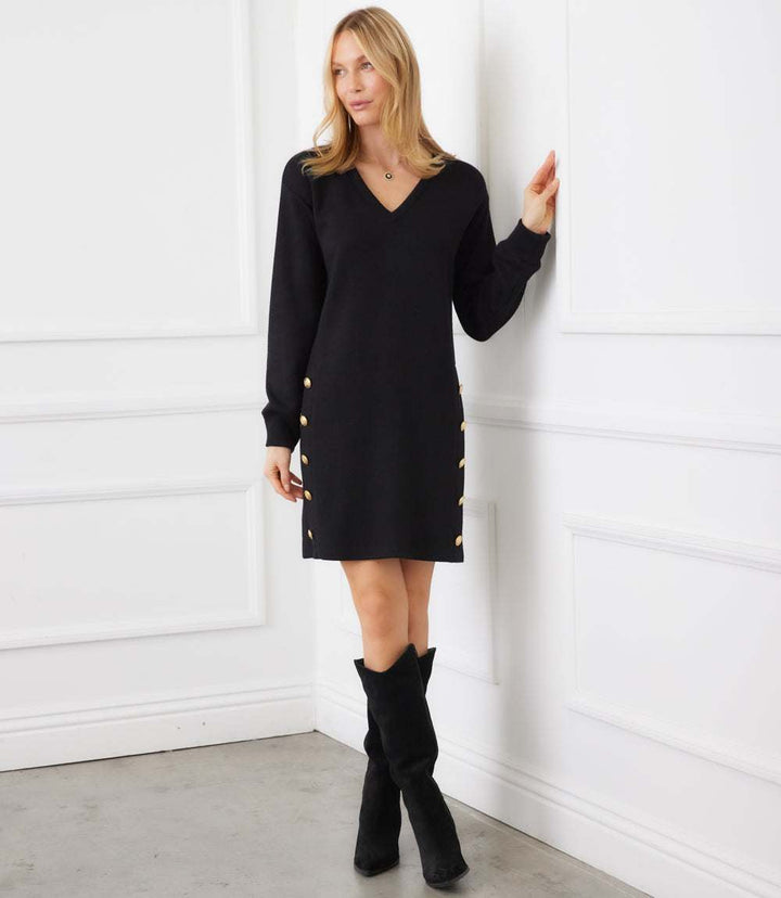 Petite Size Long Sleeve V-Neck Button Detail Dress