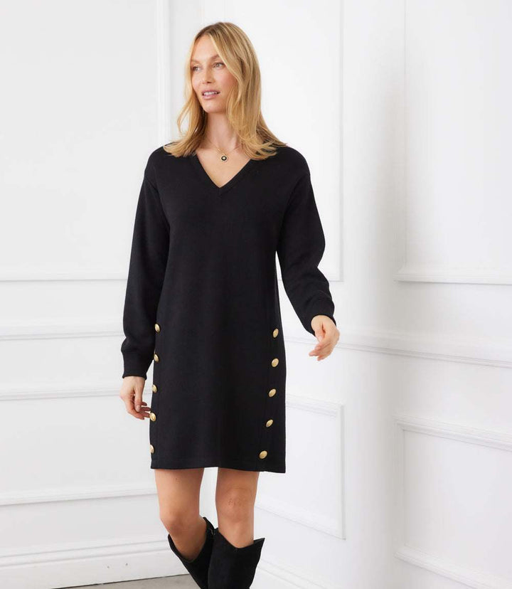 Petite Size Long Sleeve V-Neck Button Detail Dress