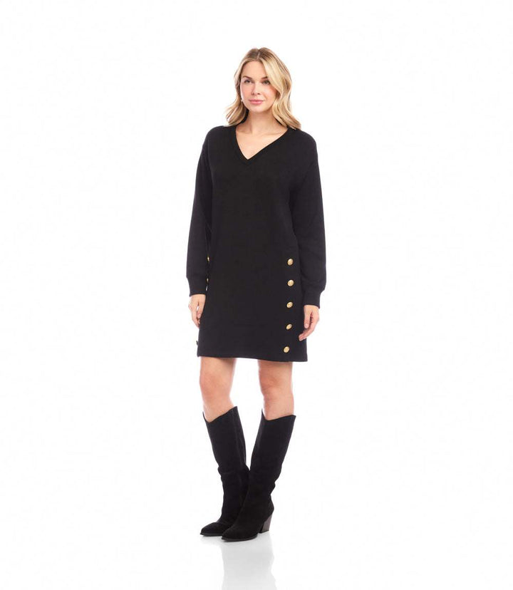Petite Size Long Sleeve V-Neck Button Detail Dress