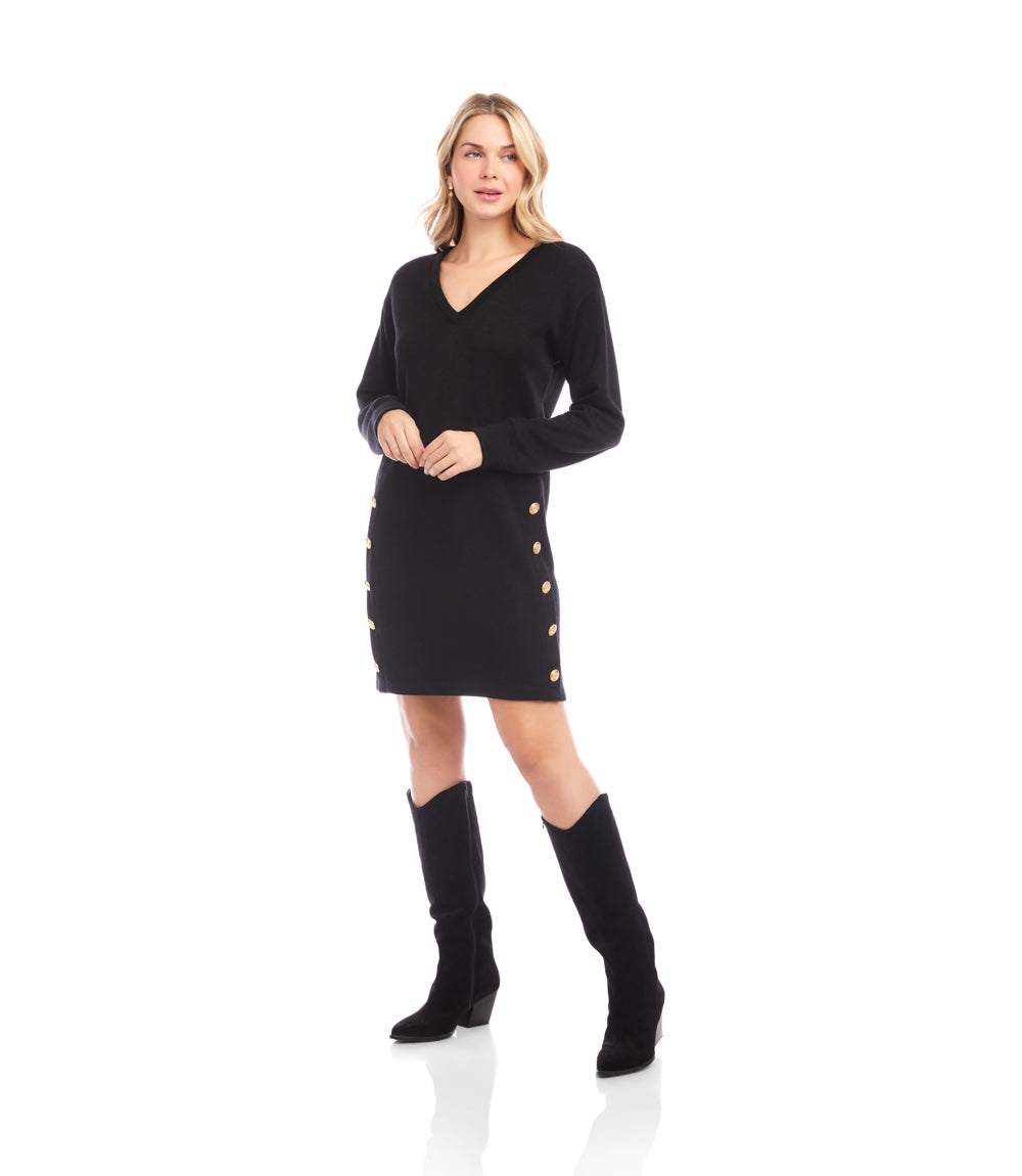 Petite Size Long Sleeve V-Neck Button Detail Dress